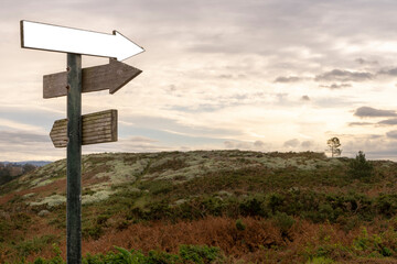 Wooden sign with several directions in front of the mountains at sunset
