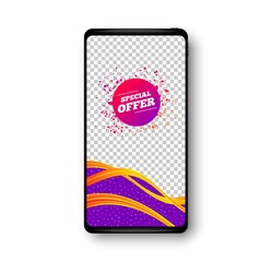 Special offer sticker. Phone mockup vector banner. Discount banner shape. Sale coupon bubble icon. Social story post template. Special offer badge. Cell phone frame. Liquid modern background. Vector