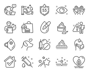 Healthcare icons set. Included icon as Local grown, Health eye, Clean skin signs. Skin care, Sick man, Pets care symbols. Medical syringe, Fair trade, Ph neutral. Medical drugs, Eye drops. Vector