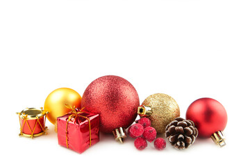 Christmas red and gold decorations isolated on white background.