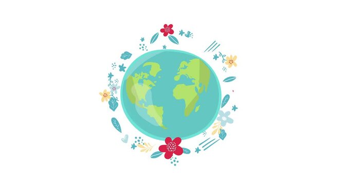 Save the Planet. Motion graphic flat animation footage. World Concept. World environment day. ecology friendly. A earth globe with leaves. Lettering. logo. Concept of energy saving, ecology