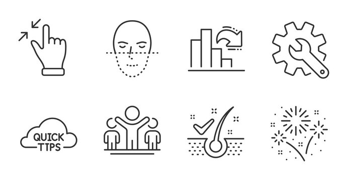 Anti-dandruff flakes, Face recognition and Quick tips line icons set. Winner, Decreasing graph and Touchscreen gesture signs. Customisation, Fireworks symbols. Quality line icons. Vector