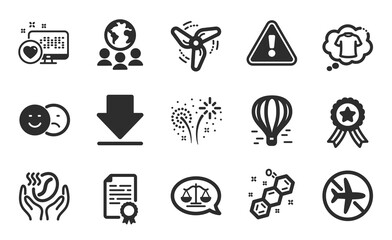 Certificate diploma, Wind energy and T-shirt icons simple set. Global business, Downloading and Chemical formula signs. Heart, Fireworks and Air balloon symbols. Flat icons set. Vector