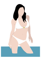 Isolated sexy black hair woman standing in the water wearing swimsuit. Flat style vector illustration.