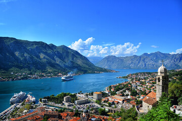view of Kotor bay mediterranean blue sea. Cruise ship in Europe Montenegro