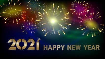 Happy New Year 2021 greetings on the night sky with colorful fireworks.