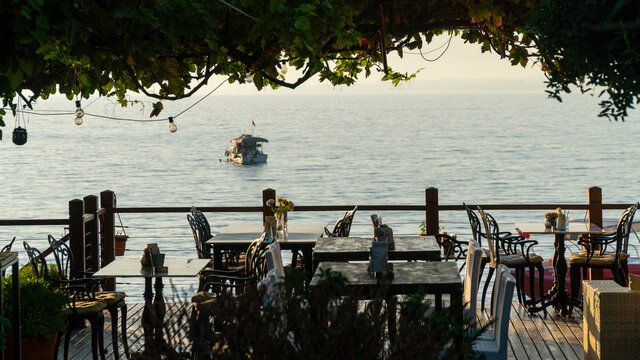 restaurant with sea view at sunset. Side Antalya in Turkey