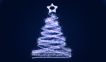 Postal azul de navidad con árbol de navidad luminoso.