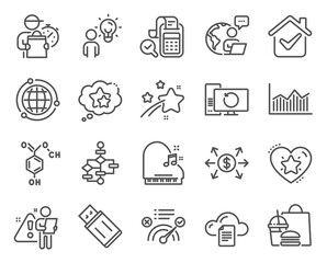 Fototapeta premium Education icons set. Included icon as Usb flash, Ranking stars, Globe signs. Correct answer, Piano, Dollar exchange symbols. Ranking star, Block diagram, Group people. Bill accounting. Vector
