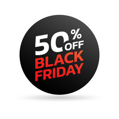 Black Friday sale icon, sticker or tag. 50 percent price off. Discount badge, label for promo banner design. Vector illustration.
