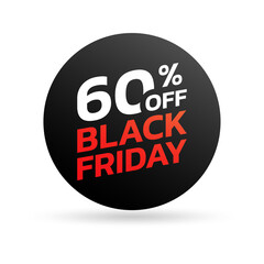 Black Friday sale icon, sticker or tag. 60 percent price off. Discount badge, label for promo banner design. Vector illustration.