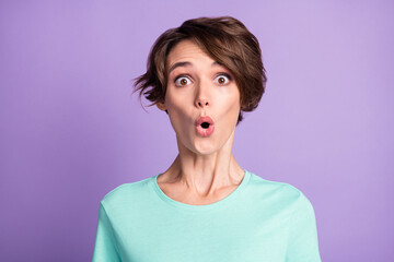 Close up photo of adorable person open mouth stare wear teal clothing isolated on purple color background