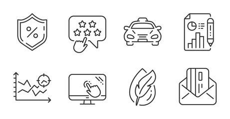 Seo analysis, Report document and Taxi line icons set. Touch screen, Ranking star and Loan percent signs. Credit card, Hypoallergenic tested symbols. Quality line icons. Seo analysis badge. Vector