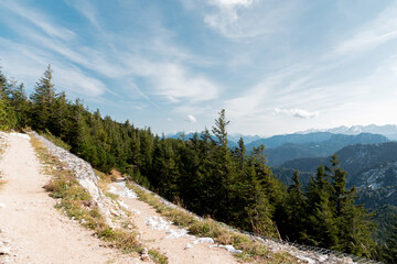 Hiking path in the Alps, green forest, mountains and blues sky landscape
