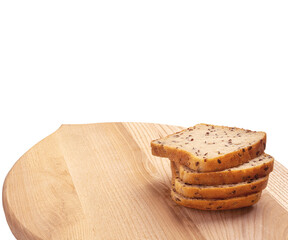 Small-batch white bio bread, with seeds, isolated on white background. Slices lies on the board.