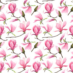 Hand drawn watercolor magnolia floral pattern. Watercolor flowers isolated on white background.