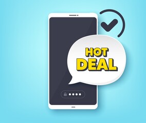 Hot deal. Mobile phone with alert notification message. Special offer price sign. Advertising discounts symbol. Customer service app banner. Hot deal badge shape. Vector