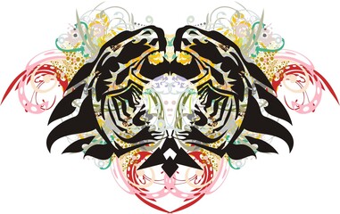 Colorful fantastic symbol like a butterfly. Flaming symbol with decorative floral splashes for tattoos, textiles, posters, prints on T-shirts, wallpapers, etc.