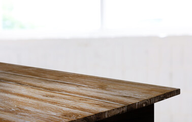 Wood Table Top in Blur Background room interior with empty copy space.