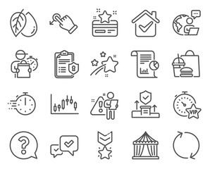 Business icons set. Included icon as Drag drop, Refresh, Candlestick graph signs. Report, Question mark, Security agency symbols. Circus tent, Vip timer, Mineral oil. Privacy policy. Vector