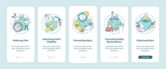 Muscle pain relieve onboarding mobile app page screen with concepts. Kinesiology treatment walkthrough 5 steps graphic instructions. UI vector template with RGB color illustrations