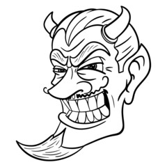 evil laughing devil head. monochrome, comic, outline.