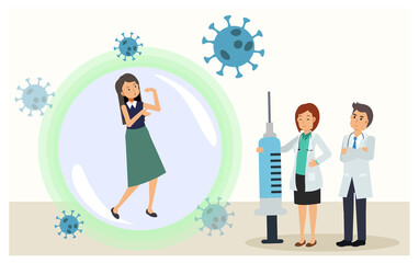 female patient got vaccine from doctors. Power of vaccine. immunity. coronavirus, Covid-19 concept. Vector flat cartoon character illustration