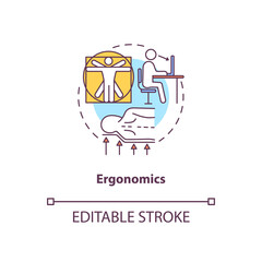 Ergonomics concept icon. Body anatomy. Physical health. Comfortable workplace. Head on pillow. Kinesiology idea thin line illustration. Vector isolated outline RGB color drawing. Editable stroke