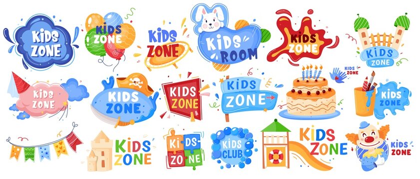 Kid zone playground or children education calssroom for games set of vector illustration banners. Baby area, play room signs, labels. Kindergarten entertainment children kids zone.