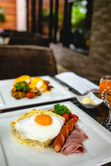 Full American Breakfast Huge healthy breakfast spread on a table with coffee Breakfast served with coffee English breakfast fried egg