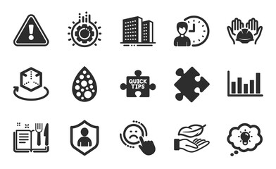 Lightweight, Recipe book and Gear icons simple set. Artificial colors, Dislike and Builders union signs. Quick tips, Strategy and Augmented reality symbols. Energy, Buildings and Security. Vector