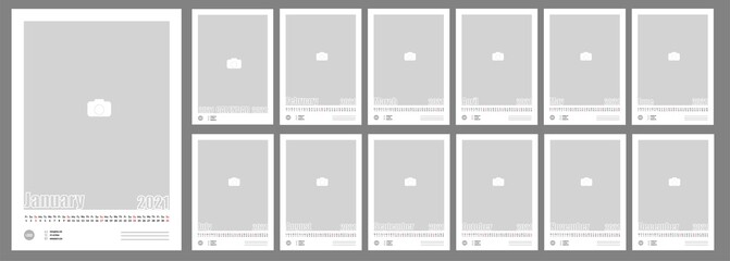 Wall Monthly Photo Calendar 2021. Simple monthly vertical photo calendar Layout for 2021 years in English.Cover Calendar  and 12 monthes templates. Horizontal data grids. Vector illustration