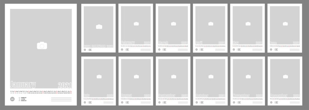 Wall Monthly Photo Calendar 2021. Simple monthly vertical photo calendar Layout for 2021 years in English.Cover Calendar  and 12 monthes templates. Horizontal data grids. Vector illustration