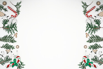 Thuja branches, spruce and New Year's decor. Copy space, flat lay, mock up, top view.