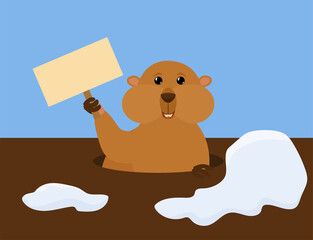 Groundhog Day vector cartoon illustration with cute marmot holding sign. Traditional holiday character