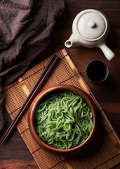 top view green shirataki noodle (konjac) in wooden bowl background. Japanese food