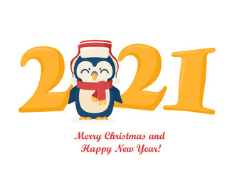 2021 New Year and Christmas illustration with Christmas Penguin isolated on white. 2021 Christmas poster.