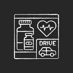 Drive through pharmacy chalk white icon on black background. Express drugstore. Medication store with transport lane. Car near medical shop. Isolated vector chalkboard illustration