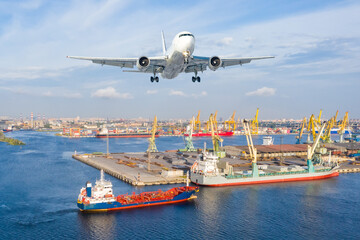 Airplane landing approach over the cargo seaport.
