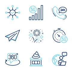 Business icons set. Included icon as Ice cream, 360 degree, 5g wifi signs. 24h service, Paper plane, Fireworks symbols. Survey check, 5g internet line icons. Sundae, Virtual reality. Vector