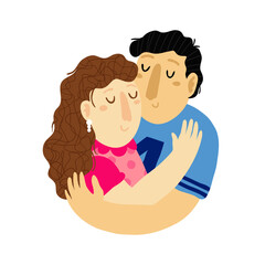 Hand drawn caucasian couple hugging isolated on white background. Cartoon style happy woman and man embracing with smile and close eyes. Romantic people relationship. Trendy stock vector illustration