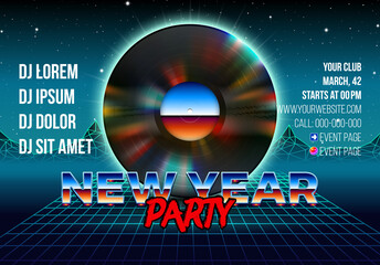 New years party invitation poster or flyer with 80s neon style and vinyl lp for dj