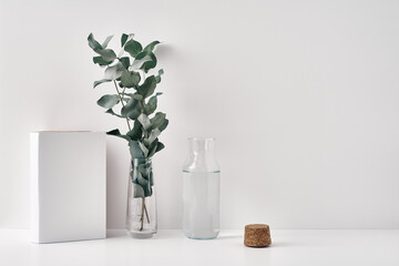 A transparent vase with eucalyptus, a bottle of water with a cork stopper and a book on a white background. Minimalism, eco-materials in the interior decor. Copy space, mock up.