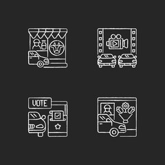 Drive in services chalk white icons set on black background. Dairy store. Takeaway food, drink takeout. Movie theater. Vote booth. Flower shop. Drive through. Isolated vector chalkboard illustrations