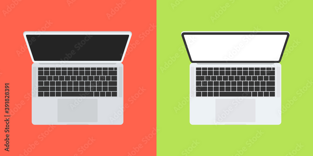 Wall mural two laptop with flat design style on color background. top view. computer mockup. vector illustratio