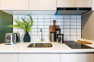 Fototapeta na wymiar interior of modern kitchen in condo