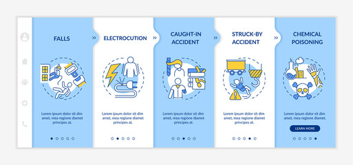 Obraz na płótnie Canvas Work related injuries information onboarding vector template. Body injury during job process. Responsive mobile website with icons. Webpage walkthrough step screens. RGB color concept