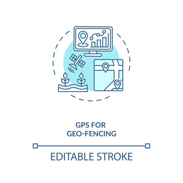 GPS For Geo Fencing Concept Icon. Information Technology In Agriculture. Creating Virtual Farm Fields Map Device Idea Thin Line Illustration. Vector Isolated Outline RGB Color Drawing. Editable Stroke