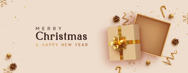 Christmas Empty Open gift box template. Xmas design Realistic decorative objects. Sale banner, surprise poster, flyer and brochure. mock up holiday. Celebrate birthday, anniversary, wedding. flat lay.