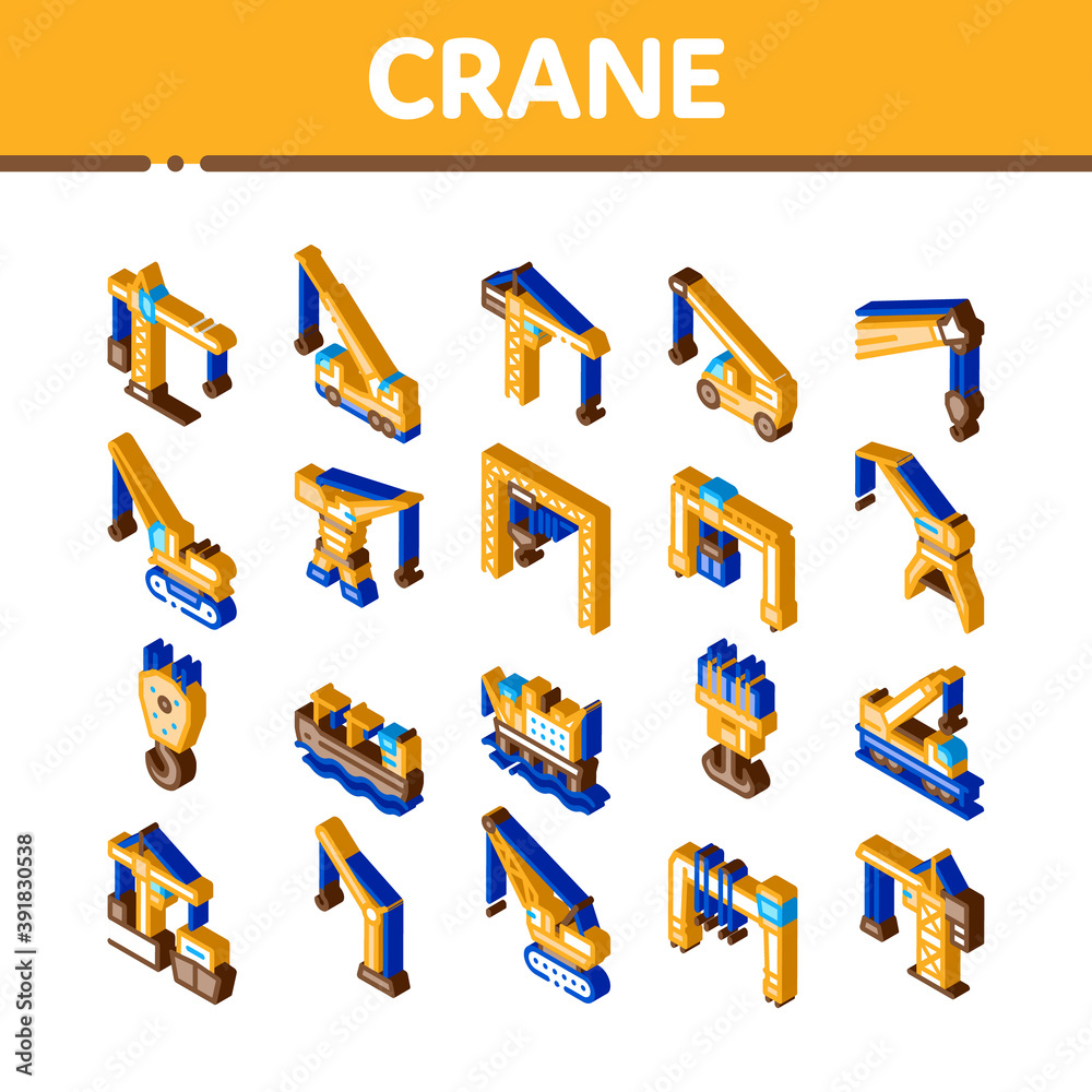 Sticker crane building machine icons set vector. isometric crane port construction for unloading ship and to